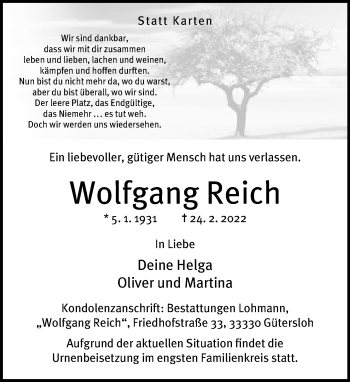 Traueranzeige von Wolfgang Reich von Neue Westfälische