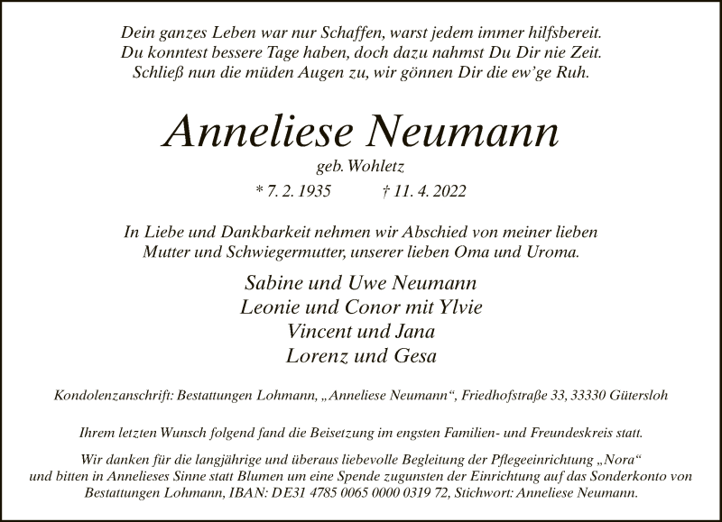  Traueranzeige für Anneliese Neumann vom 23.04.2022 aus Neue Westfälische
