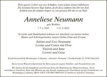 Traueranzeige von Anneliese Neumann von Neue Westfälische