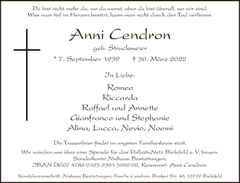 Traueranzeige von Anni Cendron von Neue Westfälische