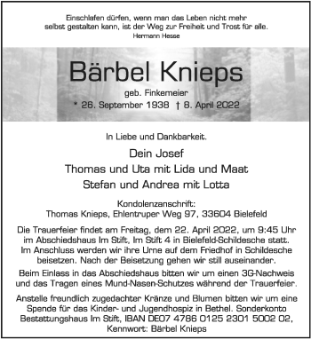 Traueranzeige von Bärbel Knieps von Neue Westfälische