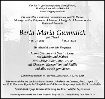 Traueranzeige von Berta-Maria Gummlich von Neue Westfälische