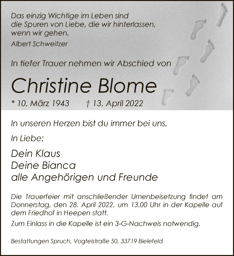  Traueranzeige für Christine Blome vom 23.04.2022 aus Neue Westfälische