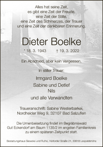 Traueranzeige von Dieter Boelke von Neue Westfälische