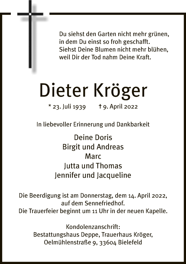  Traueranzeige für Dieter Kröger vom 12.04.2022 aus Neue Westfälische