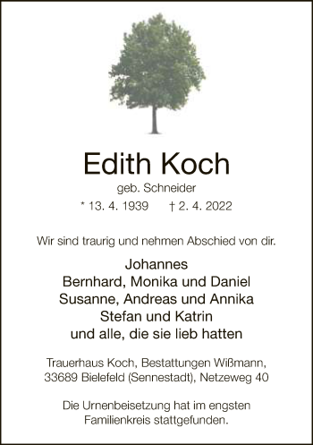 Traueranzeige von Edith Koch von Neue Westfälische