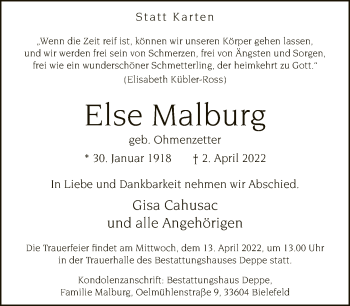 Traueranzeige von Else Malburg von Neue Westfälische