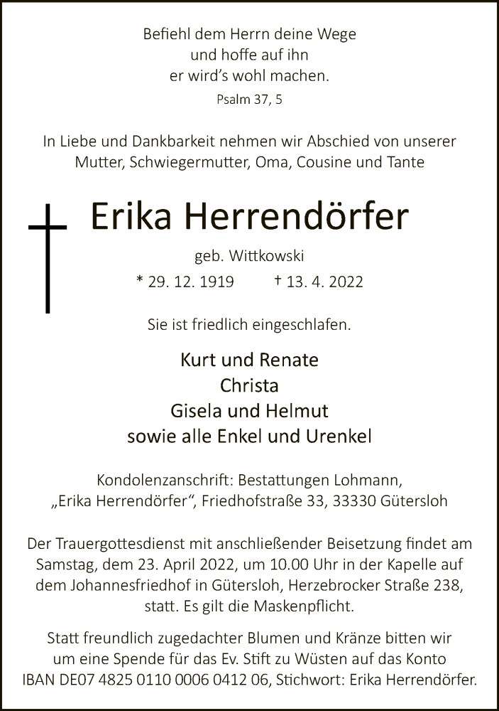  Traueranzeige für Erika Herrendörfer vom 20.04.2022 aus Neue Westfälische