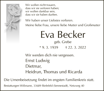 Traueranzeige von Eva Becker von Neue Westfälische