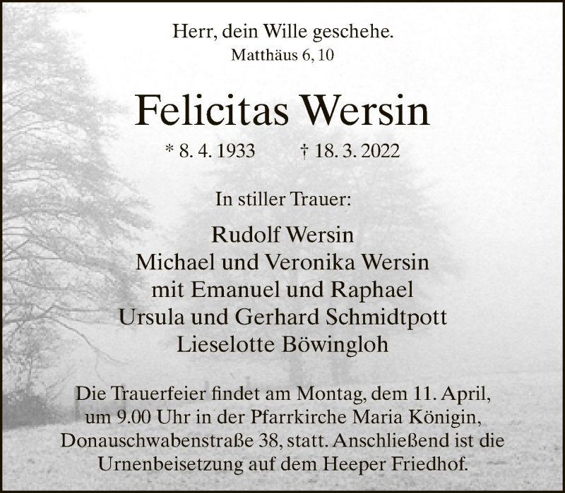  Traueranzeige für Felicitas Wersin vom 06.04.2022 aus Neue Westfälische