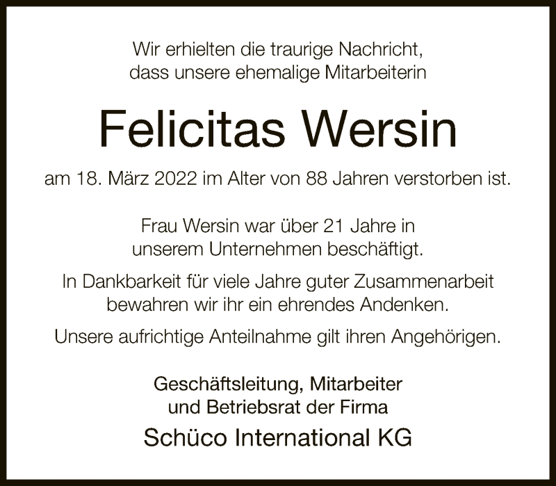  Traueranzeige für Felicitas Wersin vom 06.04.2022 aus Neue Westfälische