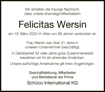 Traueranzeige von Felicitas Wersin von Neue Westfälische
