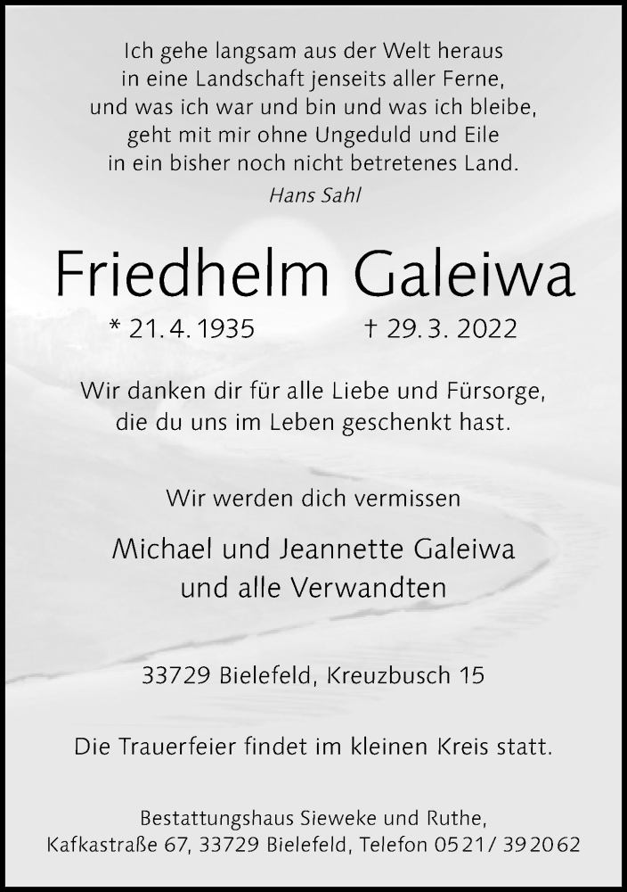  Traueranzeige für Friedhelm Galeiwa vom 02.04.2022 aus Neue Westfälische