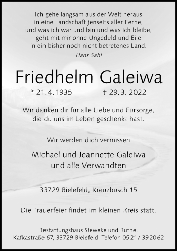Traueranzeige von Friedhelm Galeiwa von Neue Westfälische