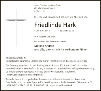 Traueranzeige von Friedlinde Hark von Neue Westfälische