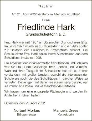 Traueranzeige von Friedlinde Hark von Neue Westfälische