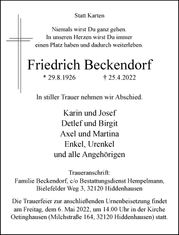 Traueranzeige von Friedrich Beckendorf von Neue Westfälische
