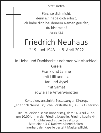 Traueranzeige von Friedrich Neuhaus von Neue Westfälische