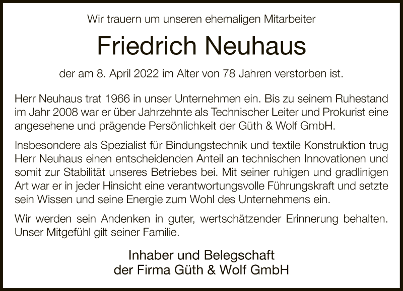  Traueranzeige für Friedrich Neuhaus vom 15.04.2022 aus Neue Westfälische