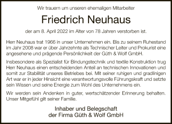 Traueranzeige von Friedrich Neuhaus von Neue Westfälische