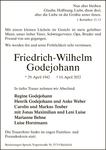Traueranzeige von Friedrich-Wilhelm Godejohann von Neue Westfälische