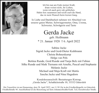 Traueranzeige von Gerda Jacke von Neue Westfälische