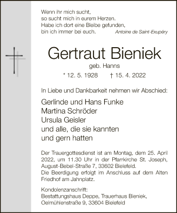 Traueranzeige von Gertraut Bieniek von Neue Westfälische