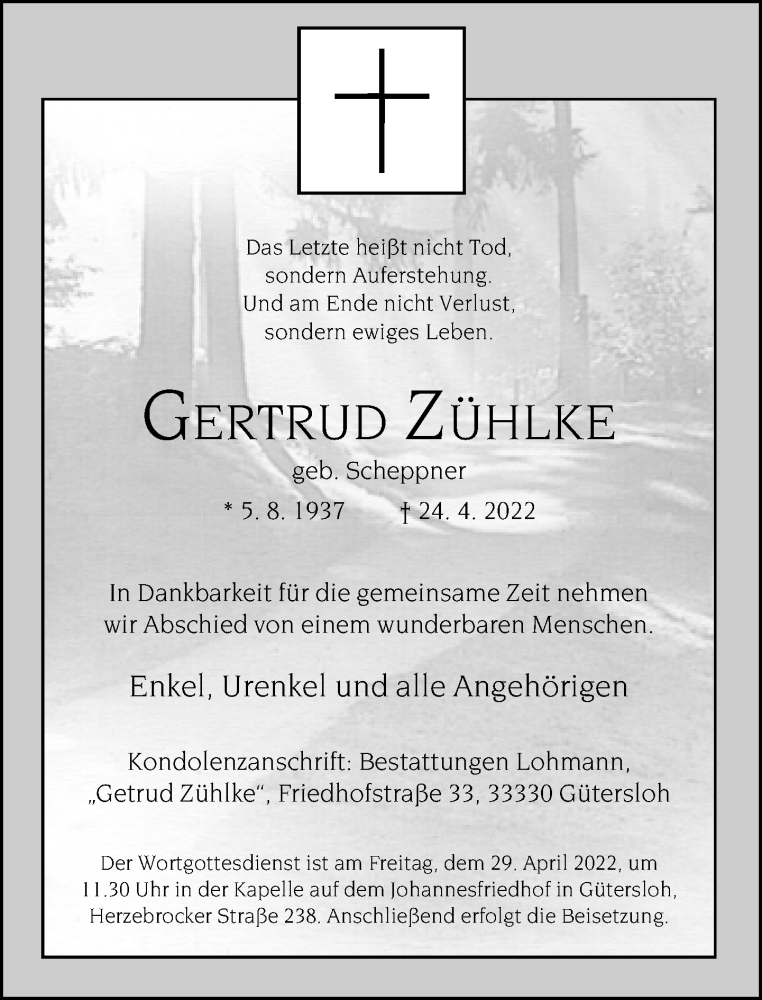  Traueranzeige für Gertrud Zühlke vom 27.04.2022 aus Neue Westfälische