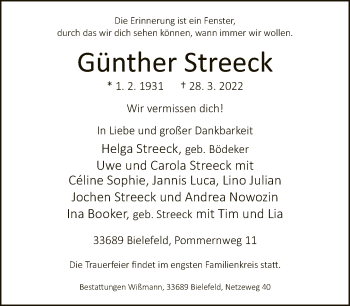 Traueranzeige von Günther Streeck von Neue Westfälische