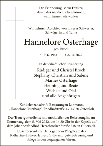 Traueranzeige von Hannelore Osterhage von Neue Westfälische
