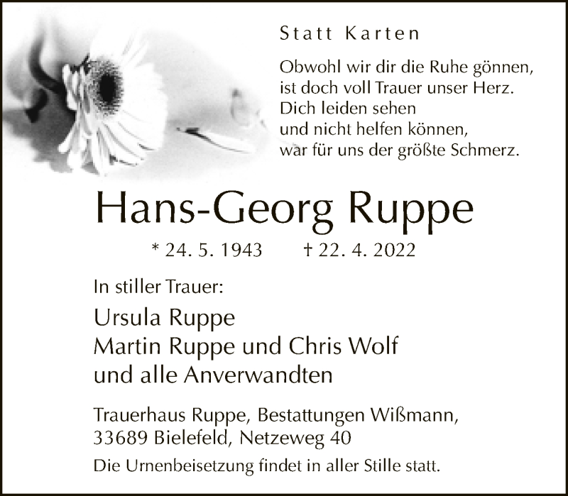 Traueranzeige für Hans-Georg Ruppe vom 25.04.2022 aus Neue Westfälische