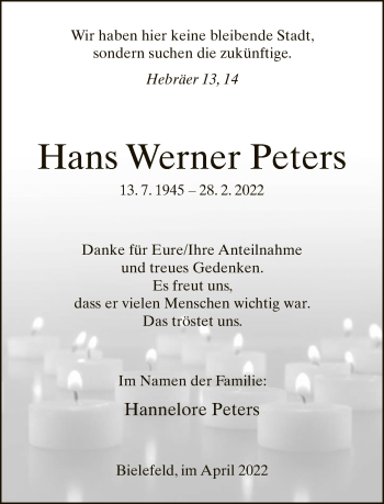 Traueranzeige von Hans Werner Peters von Neue Westfälische