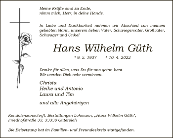 Traueranzeige von Hans Wilhelm Güth von Neue Westfälische