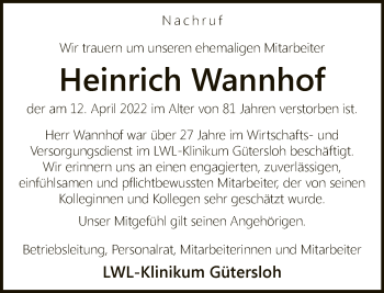 Traueranzeige von Heinrich Wannhof von Neue Westfälische