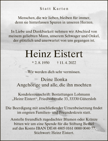 Traueranzeige von Heinz Eistert von Neue Westfälische