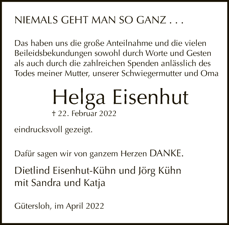  Traueranzeige für Helga Eisenhut vom 23.04.2022 aus Neue Westfälische