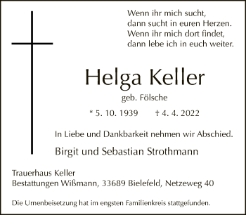 Traueranzeige von Helga Keller von Neue Westfälische