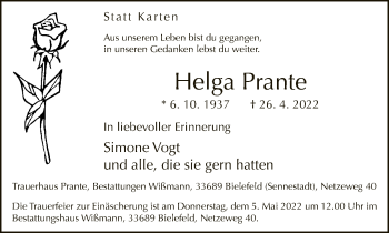 Traueranzeige von Helga Prante von Neue Westfälische