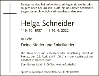 Traueranzeige von Helga Schneider von Neue Westfälische