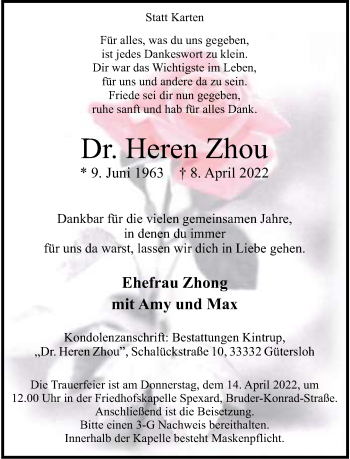 Traueranzeige von Heren Zhou von Neue Westfälische