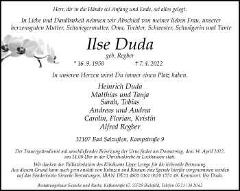 Traueranzeige von Ilse Duda von Neue Westfälische