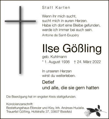 Traueranzeige von Ilse Gößling von Neue Westfälische