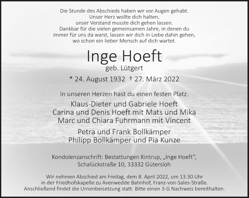  Traueranzeige für Inge Hoeft vom 02.04.2022 aus Neue Westfälische