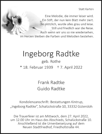 Traueranzeige von Ingeborg Radtke von Neue Westfälische