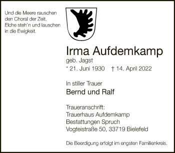 Traueranzeige von Irma Aufdemkamp von Neue Westfälische