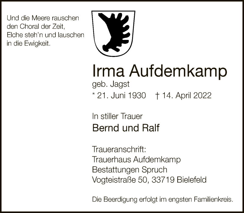  Traueranzeige für Irma Aufdemkamp vom 23.04.2022 aus Neue Westfälische