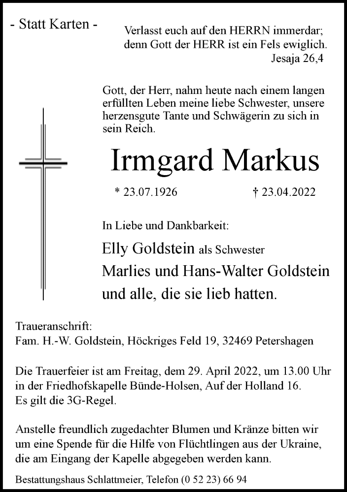  Traueranzeige für Irmgard Markus vom 27.04.2022 aus Neue Westfälische