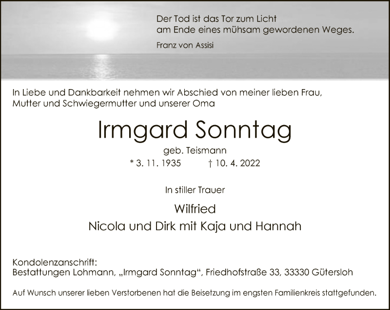  Traueranzeige für Irmgard Sonntag vom 23.04.2022 aus Neue Westfälische