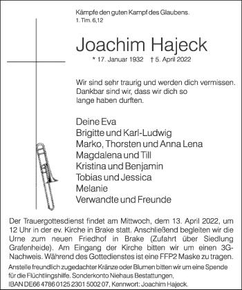 Traueranzeige von Joachim Hajeck von Neue Westfälische