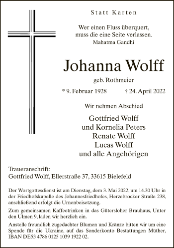 Traueranzeige von Johanna Wolff von Neue Westfälische